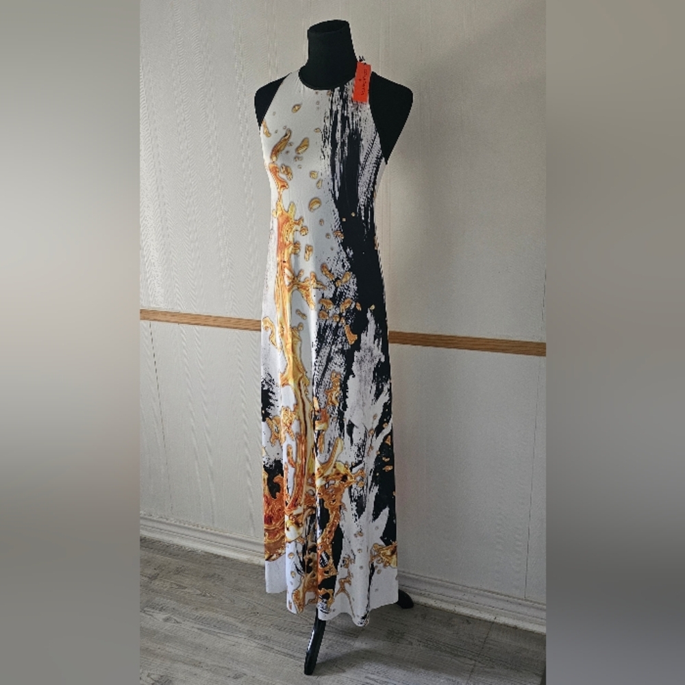 New CLOVER CANYON "Liquid Gold", White, Black Sleeveless Racerback Maxi Dress S